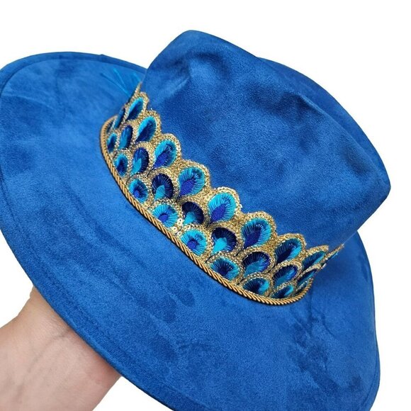 Peacock Royal Blue Velvet Cowboy Wide Brim Hat Tassel Embroidered Ribbon‎ Band M main image 16